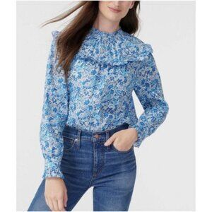 J. Crew Liberty London Blue Floral Ruffled Yoke Blouse Size Small